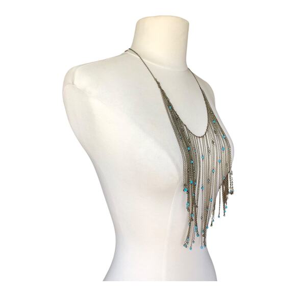 CN Signed Boho Statement Fringe Bib Necklace Blue Crystals with Lobster Clasp - Picture 3 of 6